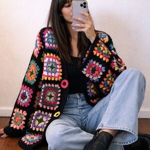 Handmade granny square jacket  crafted from vintage blanket